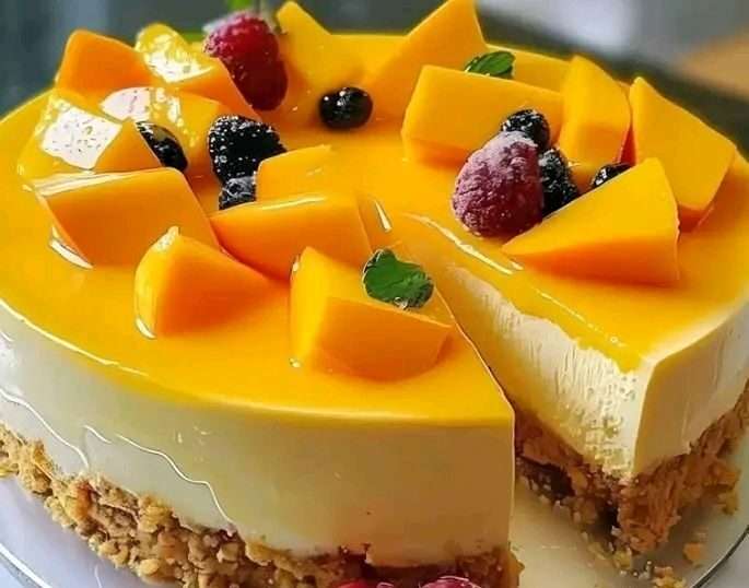 Pay frío de mango decorado con cubos de fruta fresca y crema batida