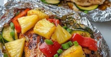 Pollo teriyaki al horno con piña, pimientos y verduras en papel de aluminio