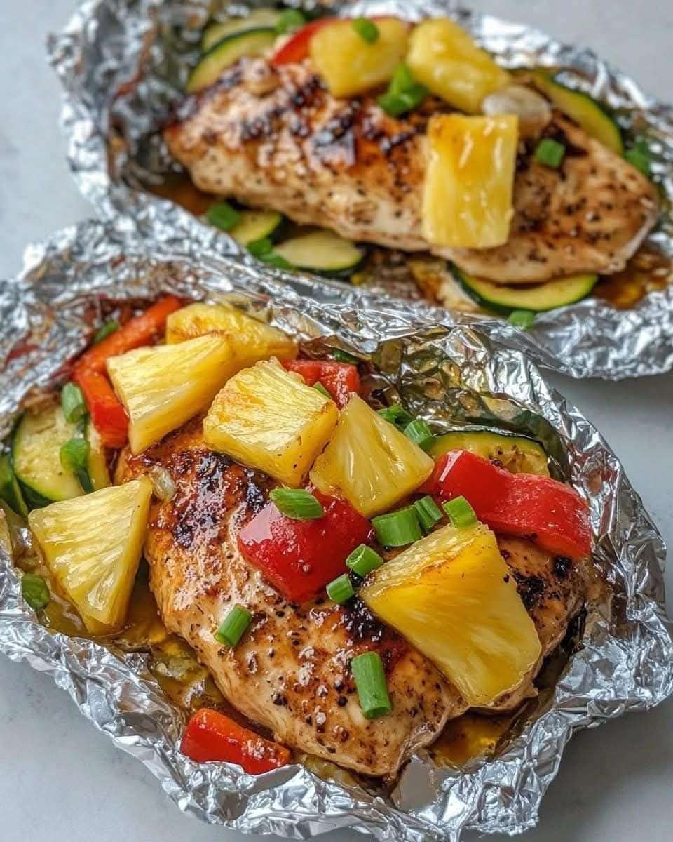 Pollo teriyaki al horno con piña, pimientos y verduras en papel de aluminio