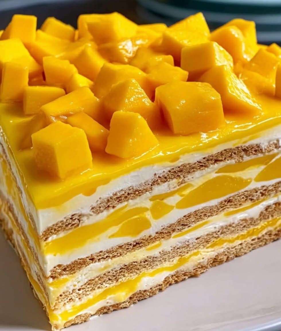 Carlota de mango casera decorada con trozos frescos de mango