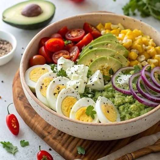 Bol énergétique composé de tranches d’œufs durs, avocat, tomates cerises, maïs, oignon rouge et feta, présenté sur une table en bois avec herbes fraîches.