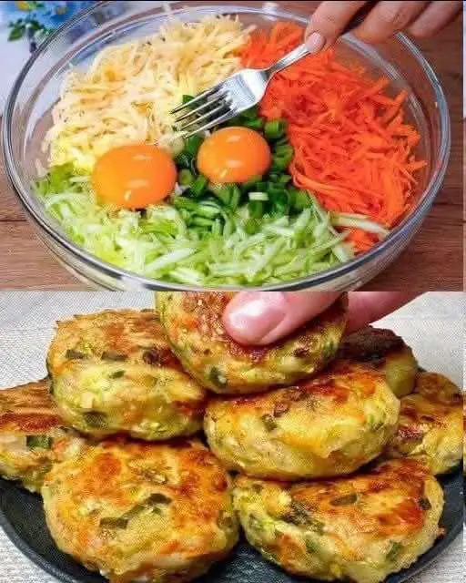 Plato dorado de calabacín, patata y queso Suluguni recién servido