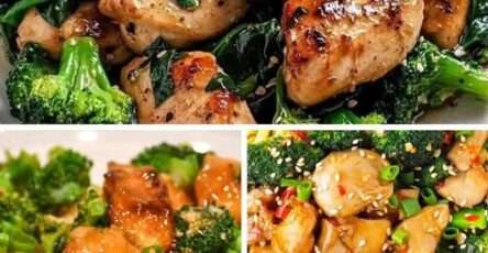 Plato de pollo salteado al ajo con brócoli y espinacas, servido en sartén con salsa de soya, limón y ajo dorado.