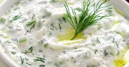 Tazón de tzatziki cremoso con pepino rallado y ramitas de eneldo