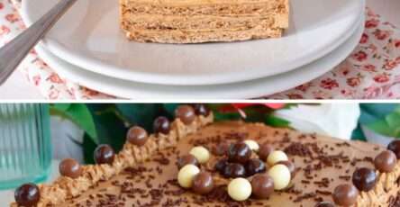 Porción de pastel frío de moka decorado con chocolate derretido y cacao en polvo, servido sobre un plato blanco con fondo de madera oscura.
