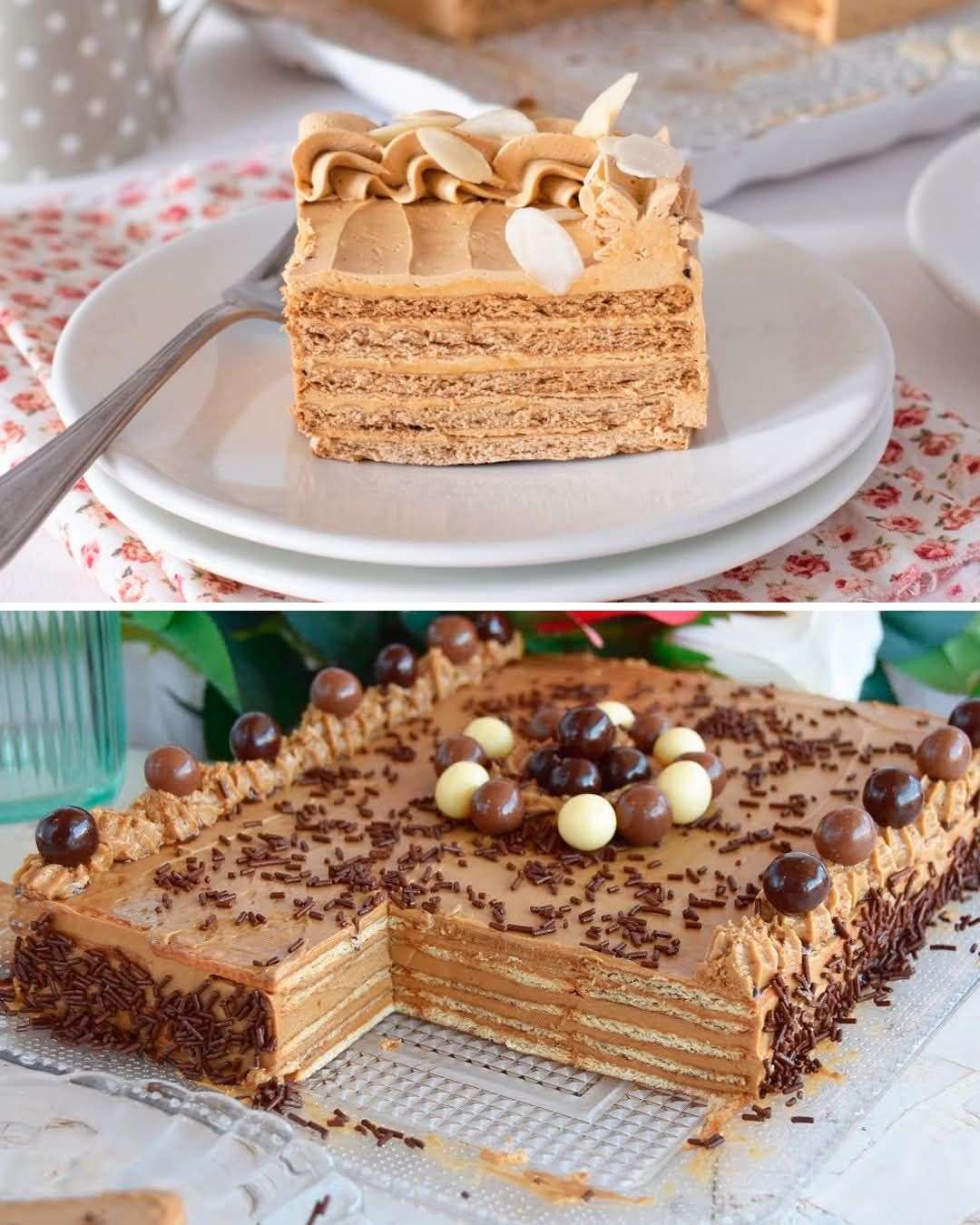 Porción de pastel frío de moka decorado con chocolate derretido y cacao en polvo, servido sobre un plato blanco con fondo de madera oscura.