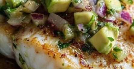 Filet de poisson blanc nappé de lait de coco au citron vert, servi avec salsa d’avocat et coriandre fraîche dans une assiette tropicale.