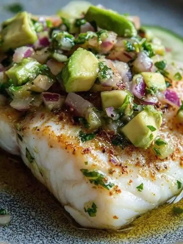 Filet de poisson blanc nappé de lait de coco au citron vert, servi avec salsa d’avocat et coriandre fraîche dans une assiette tropicale.