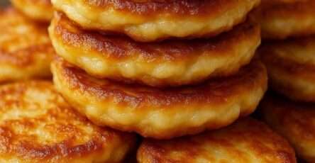 Panqueques de avena y manzana apilados en un plato, decorados con rodajas de manzana, miel y yogur natural, servidos como desayuno saludable.