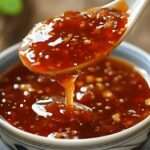 Salsa agridulce china casera servida en tazón blanco con cuchara