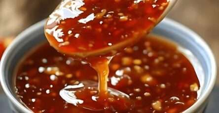 Salsa agridulce china casera servida en tazón blanco con cuchara