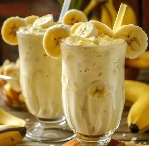 Batido cremoso de piña y banana servido en vaso con hielo, decorado con rodajas de fruta