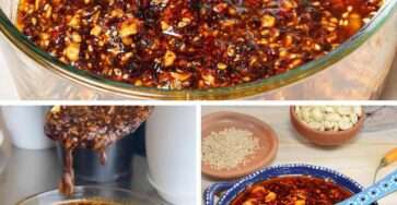 Salsa macha tradicional casera en frasco con chiles y aceite