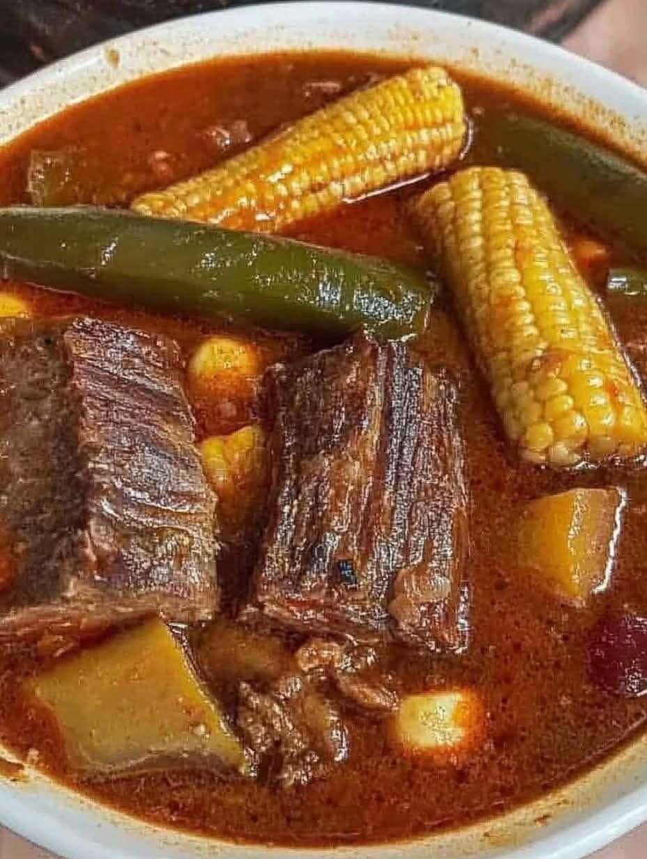 Plato hondo de mole de olla mexicano con elote, carne y verduras