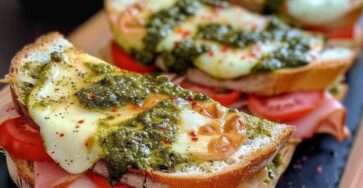 Croque-monsieur à l’italienne doré et croustillant, garni de mozzarella fondue, tomates fraîches et pesto, servi avec une salade de roquette.