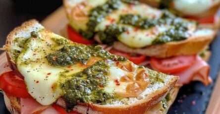 Croque-monsieur à l’italienne doré et croustillant, garni de mozzarella fondue, tomates fraîches et pesto, servi avec une salade de roquette.