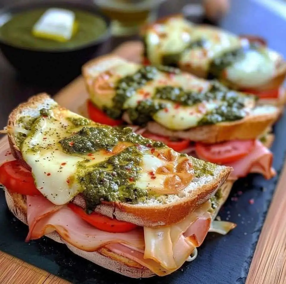 Croque-monsieur à l’italienne doré et croustillant, garni de mozzarella fondue, tomates fraîches et pesto, servi avec une salade de roquette.