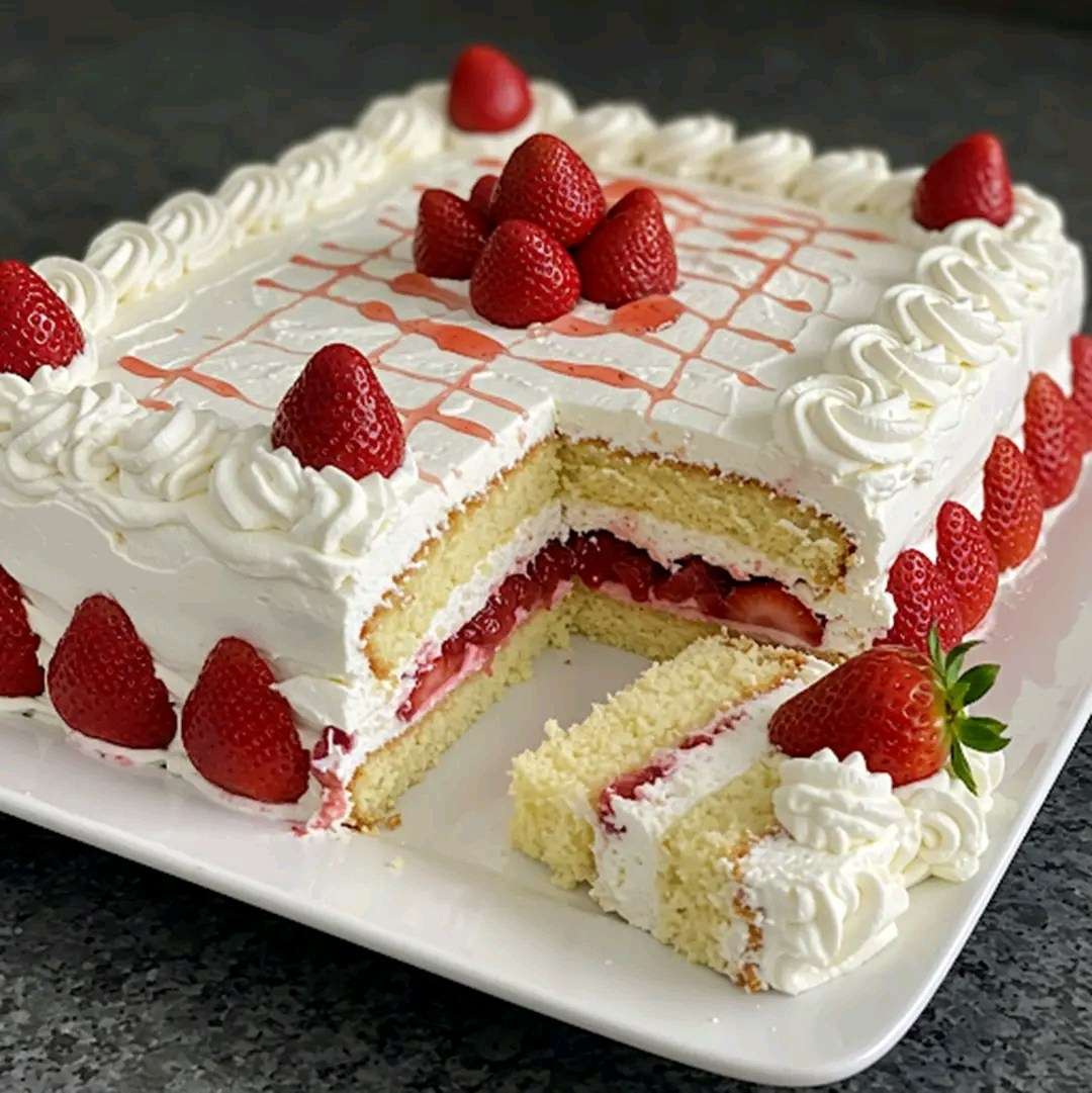 Pastel de fresa clásico redondo con crema batida y fresas frescas, decorado en la parte superior con frutas enteras y servido en una bandeja blanca.