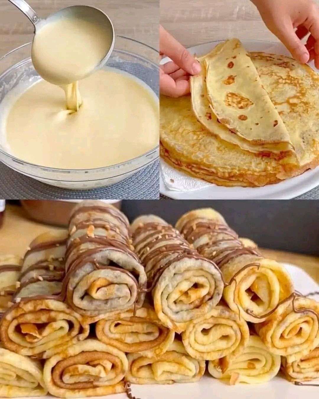 Crepas doradas apiladas en un plato con relleno de frutas y crema, listas para servir en una mesa de cocina con utensilios.