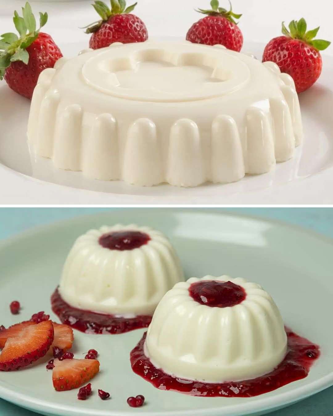 Gelatina de yogurt blanca servida en vasitos transparentes, decorada con fruta fresca y hojas de menta sobre una mesa de madera clara.