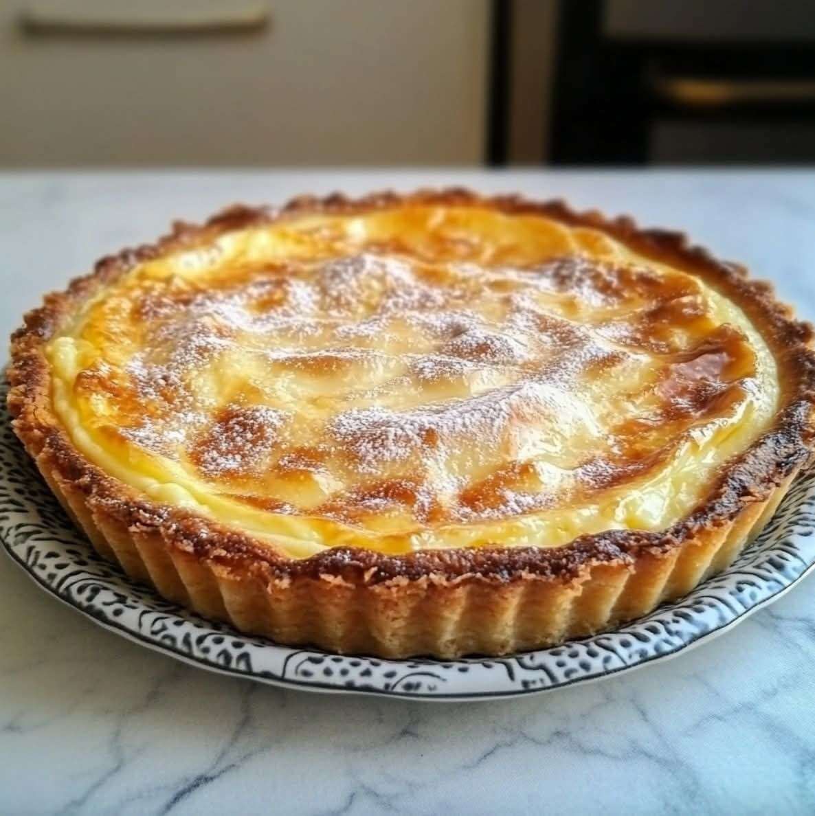 Tarte à la rhubarbe maison dorée, décorée de tiges fraîches sur fond rustique