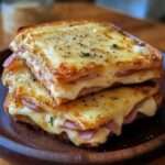 Croque-monsieur dorado con queso fundido servido en plato blanco sobre fondo de madera