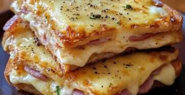 Croque-monsieur dorado con queso fundido servido en plato blanco sobre fondo de madera