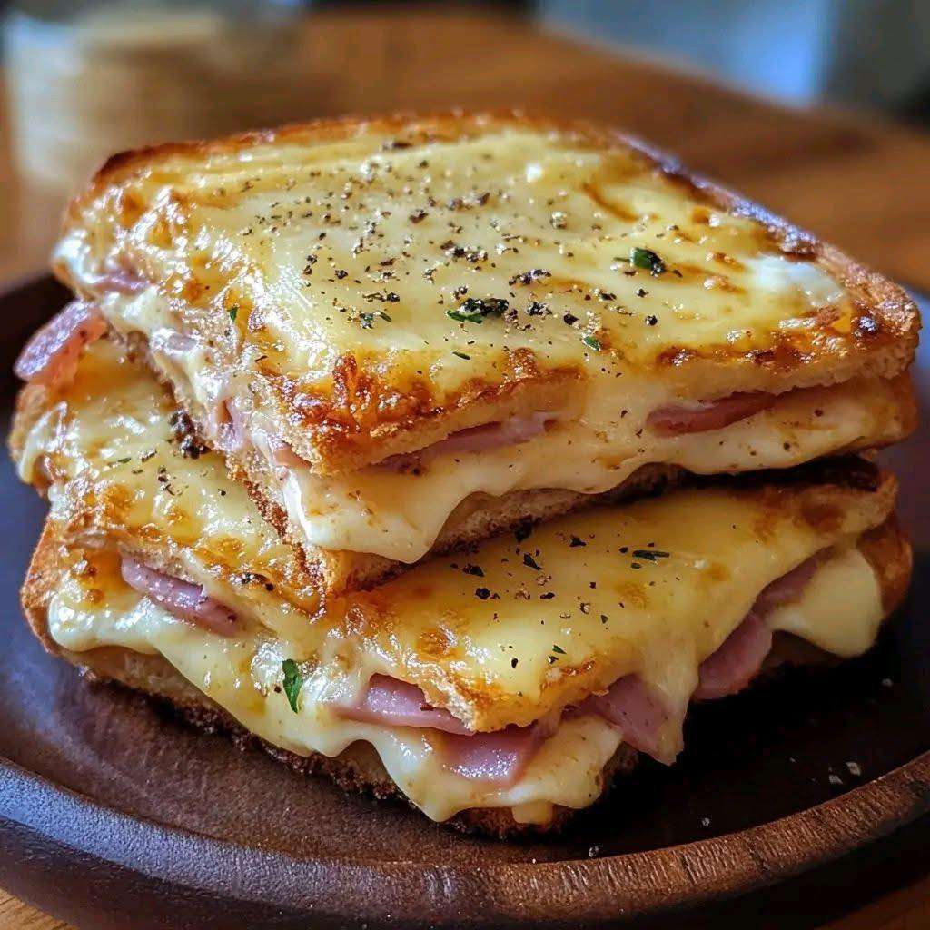 Croque-monsieur dorado con queso fundido servido en plato blanco sobre fondo de madera
