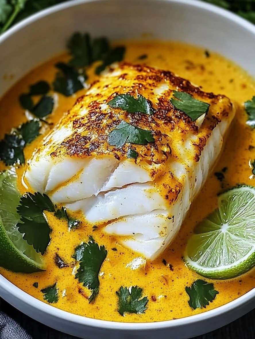 Curry express de poisson au lait de coco servi avec riz basmati et coriandre fraîche
