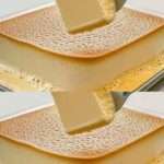 Tranche de flan maison moelleux, doré et lisse, servie sur une assiette avec cuillère