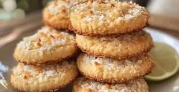 Galletas keto doradas con coco y ralladura de limón sobre bandeja de hornear