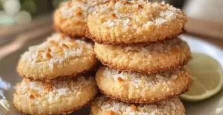 Galletas keto doradas con coco y ralladura de limón sobre bandeja de hornear