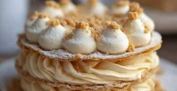 tranches de dacquoise crème pralinée avec éclats de pralin sur une assiette