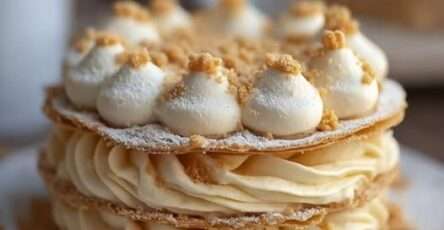 tranches de dacquoise crème pralinée avec éclats de pralin sur une assiette