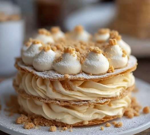 tranches de dacquoise crème pralinée avec éclats de pralin sur une assiette