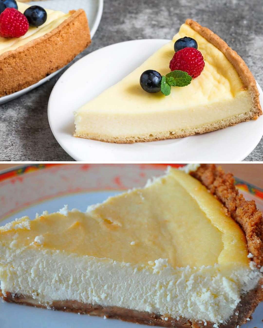 Rebanada de pay de queso sin horno con cobertura de mermelada de fresa sobre plato blanco, decorada con fresas frescas y hojas de menta.