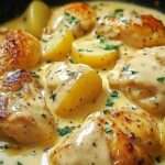 Plato hondo con pollo en salsa de queso y patatas cocidas decorado con perejil