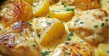 Plato hondo con pollo en salsa de queso y patatas cocidas decorado con perejil
