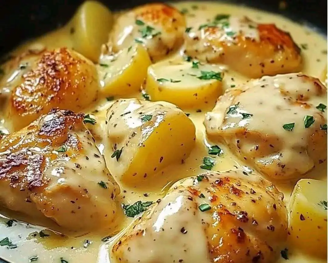 Plato hondo con pollo en salsa de queso y patatas cocidas decorado con perejil