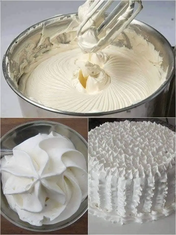 Crème chantilly maison fouettée, dressée à la poche sur un dessert