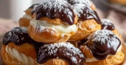 profiteroles au chocolat maison nappées de ganache brillante sur une assiette blanche