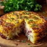 gâteau de pommes de terre au jambon et fromage fondant doré dans un plat à gratin