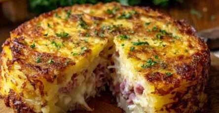 gâteau de pommes de terre au jambon et fromage fondant doré dans un plat à gratin