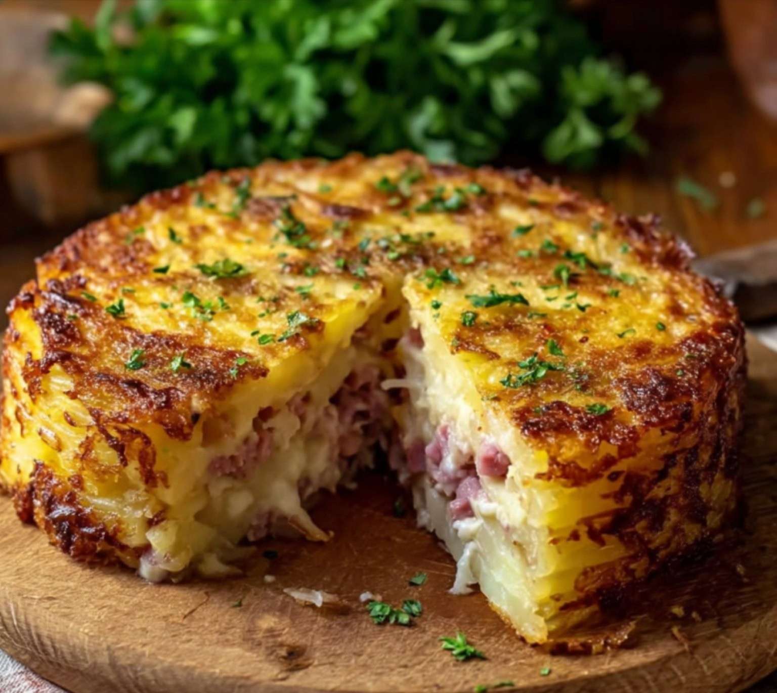 gâteau de pommes de terre au jambon et fromage fondant doré dans un plat à gratin