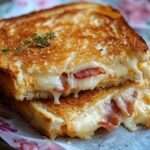 croque-monsieur croustillant au bacon & cheddar doré et fondant servi chaud avec une touche de thym frais