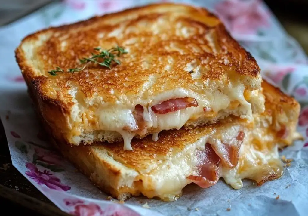 croque-monsieur croustillant au bacon & cheddar doré et fondant servi chaud avec une touche de thym frais
