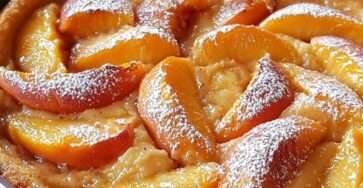 Clafoutis aux nectarines doré dans un plat rond avec quartiers de fruits visibles