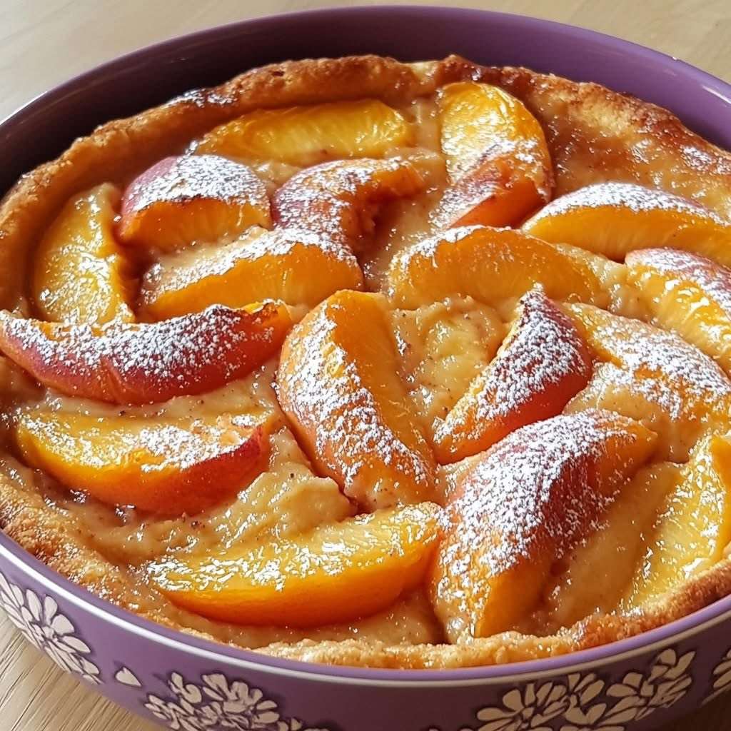 Clafoutis aux nectarines doré dans un plat rond avec quartiers de fruits visibles
