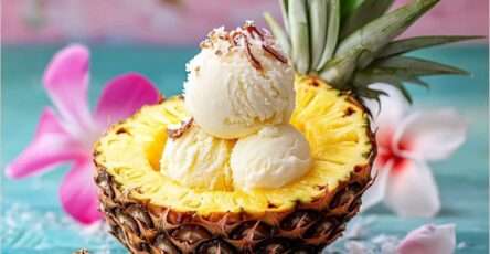 glace coco-ananas servie dans une coque d’ananas avec noix de coco râpée