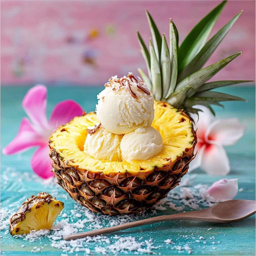 glace coco-ananas servie dans une coque d’ananas avec noix de coco râpée